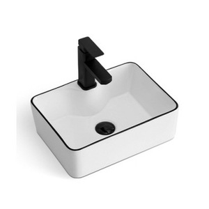 Vasque de comptoir moderne en céramique blanche à trou unique avec bordure noire - Product Image 1