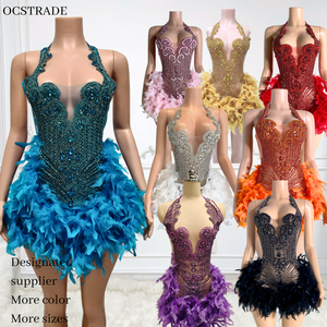 Nuovo colore Ocstrade scollo a V delle donne abito da Cocktail in piuma viola diamanti corti abiti da ballo Sexy 2025 per il <span class=keywords><strong>compleanno</strong></span> Party Club Dress - Product Image 1