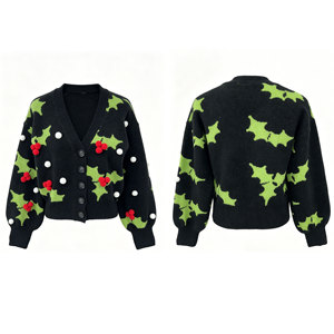 Suéter Navideño Festivo 3D con Pompones para <span class=keywords><strong>Mujer</strong></span>, Cárdigan con Diseño <span class=keywords><strong>de</strong></span> Hojas <span class=keywords><strong>de</strong></span> Aloe Vera, Cuello en V, Ropa <span class=keywords><strong>de</strong></span> Abrigo para Fiestas - Product Image 3