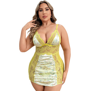 Ensemble deux pièces sexy en satin grande taille pour femme, nuisette à décolleté plongeant et porte-jarretelles en maille transparente respirante - Product Image 4