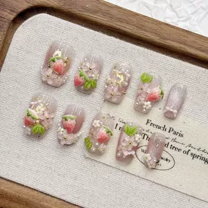 <span class=keywords><strong>Uñas</strong></span> Postizas Cortas Cuadradas Acrílicas Hechas a Mano con Diseño de Fresa Rosa, <span class=keywords><strong>Uñas</strong></span> Postizas Almendradas para Mujer - Product Image 4