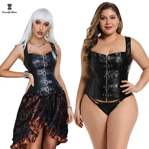 Front Zipper Solid Black Corsets And Bustiers Gothic Buckle Synthetic Leather Vest For Women Plus Size S-6XL Outwear Korsett