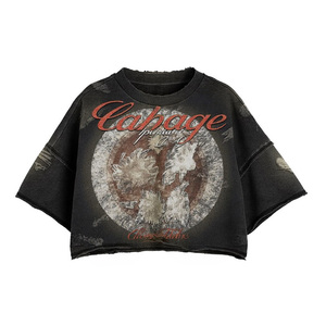 T-shirt unisexe personnalisé pour hommes, coupe courte, délavé à l'acide, bords bruts effilochés, épaules tombantes, col rond, motif graphique, vintage et vieilli, vente en gros - Product Image 1