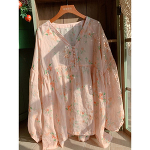 Camisa de lino con estampado floral, corte holgado, manga larga, ropa de uso diario para mujer - Product Image 4