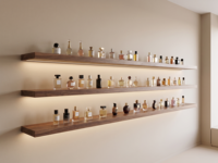 Étagères murales en bois massif pour l'organisation des parfums avec éclairage LED, étagère flottante extra longue personnalisée à brancher pour les boutiques de parfums