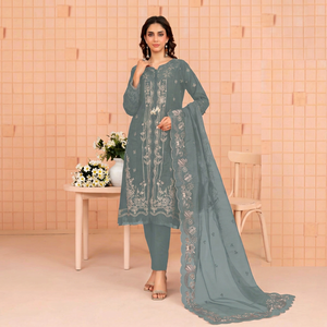 Ensemble Salwar en coton gris brodé pour femme avec dupatta, tenue décontractée traditionnelle indienne et pakistanaise, longueur cheville, coupe classique - Product Image 1
