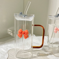 Offre Spéciale – Tasse carrée en verre borosilicate pour boissons chaudes et froides avec couvercle, paille en verre et décoration nœud papillon