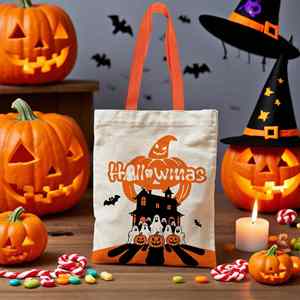Sac fourre-tout réutilisable en toile de coton écologique avec imprimé Halloween pour cadeaux et rangement de costumes - Product Image 2