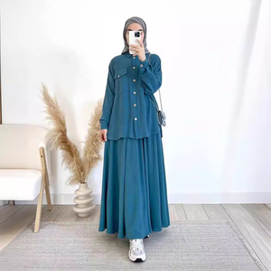 Ensemble chemise et jupe décontractés pour femme, coupe ample, manches longues, couleur unie vert paon et bleu ciel, tailles S, M, L, XL, XXL, élégant pour le quotidien - Product Image 1