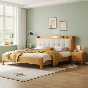 Rắn Gỗ Sồi Tự Nhiên Gỗ Đôi Khung Giường Mềm Mại tựa lưng Đơn Giản Phong Cách Hiện Đại Giường Cho Căn Hộ Nhỏ Nhà Vua Kích Thước Lưu Trữ - Product Image 1