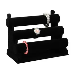 Three Tier Black Velvet Wooden Leather Jewellery Jewelry Display Stand Head Flower Stand