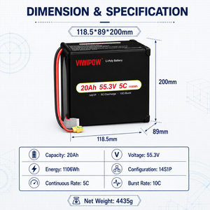 Batterie LiPo pour drone 20000mAh 14S 55.3V, haute tension 3.95V, haute densité énergétique, longue durée de vol pour la pulvérisation agricole - Product Image 4