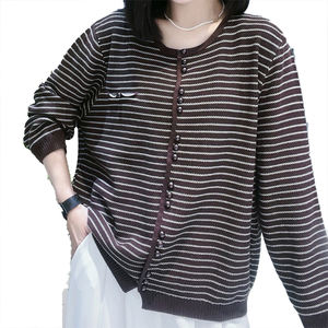 Cardigan en tricot de coton pour femme, style printemps-automne, rayé, polyvalent, décontracté, couleur contrastée, veste rétro, pull décontracté - Product Image 1