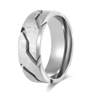 Unique Design Men's 8mm Silver Titanium Ring with Grooves