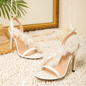 Fashion Lace up Slingback Ankle Strap Open Toe Summer Stiletto <b>Heels</b> for Ladies <b>White</b> Floral High <b>Heel</b> Dress Sandals - Product Image 4