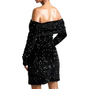 Nuevo Vestido Corto Negro con Lentejuelas y Hombros Descubiertos para Mujer, Elegante Vestido de Cóctel de Manga Larga - Product Image 2