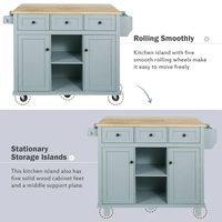 Chariot îlot de cuisine Blue Drop Leaf sur 5 roues avec armoire de rangement et 3 tiroirs pour salle à manger
