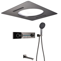 Ensemble de douche mural numérique carré en cuivre de luxe léger avec affichage numérique intelligent, jet cascade lumineux LED et pulvérisation pluie