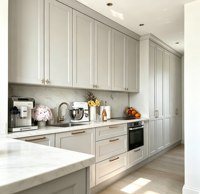 Kabinet Pulau Dapur Modular Kustom Mewah Desain Klasik Farmhouse Finishing Putih Papan Melamin Ramah Lingkungan Asal Cina