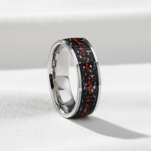 Nouvelle conception Bague en tungstène plaqué argent 8 mm avec incrustation d'opale rouge naturelle et de météorite de grès pour couple, bague de fiançailles, bague d'anniversaire - Product Image 3