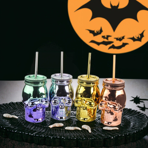 16oz Custom Skull Shape <strong>Plastic</strong> <strong>Mason</strong> <strong>Jars</strong> BPA Free Lid Straw Type Novelty Drinking <strong>Tumbler</strong> Party Electroplating Added Reusable - Product Image 2
