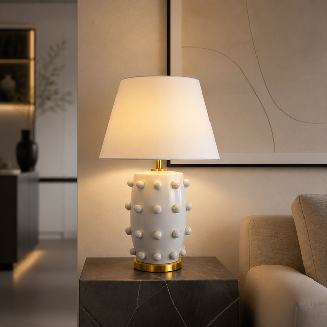 White Ceramic Table Lamp with 3D Dot Design Modern Bedside Lamp with Fabric Shade for Living Room Bedroom Nightstand Decor
