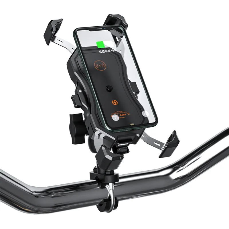 Moto Scooter specchietto retrovisore manubrio supporto universale per telefono cellulare supporto di ricarica USB con caricatore Wireless Qi 15W