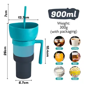 ใหม่เปลี่ยนสีถ้วยเย็น 32oz สนามกีฬา tumbler เครื่องดื่ม 2 in 1 ขนมและเครื่องดื่มถ้วย 32oz ถ้วยพลาสติกพร้อมชามขนมฟาง