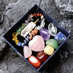 Wholesale Assorted Natural Gemstone 7 Chakra Stone Bracelets Pendants Tumble Healing Stones Crystal Gift Box 7 Chakra Set