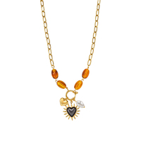 Collier en acier inoxydable avec perles de résine ambrée, breloque cœur noir soleil, fausse perle, fermoir OT plaqué or 18 carats, bijoux inaltérables
