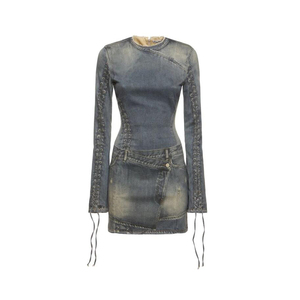 <span class=keywords><strong>Mini</strong></span> <span class=keywords><strong>abito</strong></span> a maniche lunghe in denim personalizzato con lacci all'ingrosso di fabbrica - Product Image 1