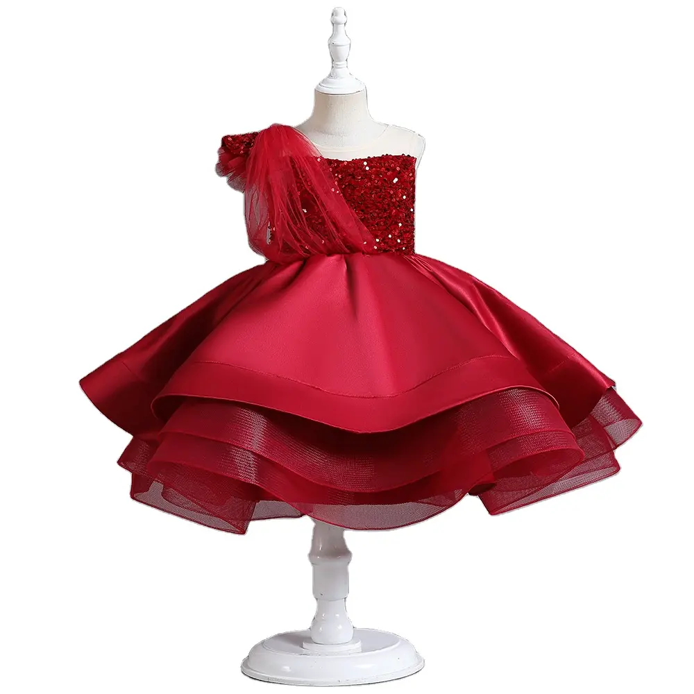 Red Princess Children Dress Ruffled Organza Sequin Flower Girl Dress Toddler Girl Dresses