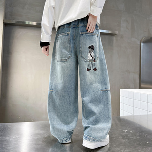 Jeans en denim souple décontractés à jambe droite pour garçons, <span class=keywords><strong>taille</strong></span> élastique respirante, délavage sable, pour enfants et adolescents, printemps-automne - Product Image 4