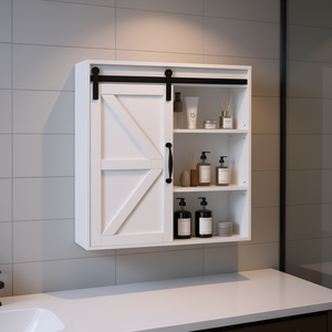 Armoire murale de salle de bain avec porte coulissante, 3 étagères, style farmhouse, rangement pour salle de bain - Product Image 2