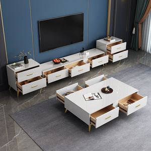 Ensemble table basse et meuble TV pour salon moderne, blanc avec pieds dorés, design minimaliste pour petits appartements - Product Image 4