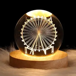 Diy Customized 3D Illusion Crystal ball Led Wooden Table Night Light Lamp Base For Display