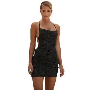 Negro Boucle vestido de moda elegante vestido de mujer Sexy sin respaldo apretado Mini vestidos de verano