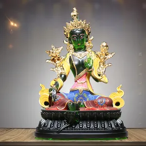 Green Tara Buddha statue, colored glaze with gold painted tantric Guanyin Bodhisattva statue