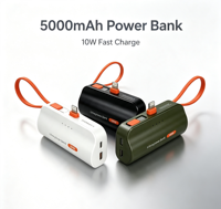 Batterie externe compacte 5000 mAh à double prise intégrée avec cordon, chargeur de poche portable, idéale pour les voyages – Meilleure vente