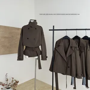 Manteau <span class=keywords><strong>trench</strong></span> pour femme, style rétro automne français, grand col montant, épaules larges, <span class=keywords><strong>court</strong></span>, double boutonnage, ceinture à nouer, doublure en polaire - Product Image 1