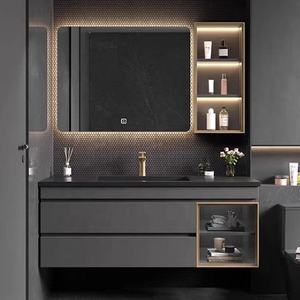 Meuble-lavabo de salle de bain en marbre avec lavabos simples et doubles et miroir volet de luxe moderne - Product Image 1
