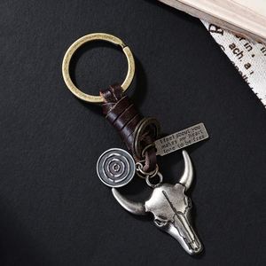 Llavero de metal estilo vaquero europeo occidental, con colgante de aleación de cobre y plata antiguo, cabeza de toro vintage y cuero de vaca bicolor - Product Image 4