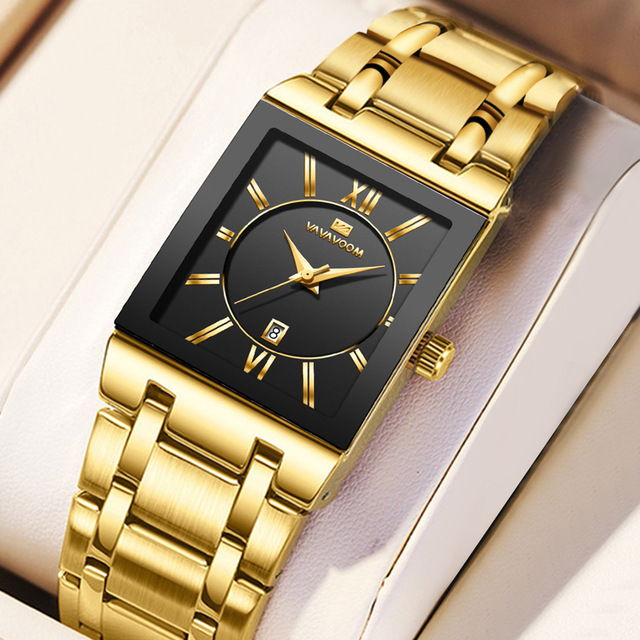 Men Business Watch Simple Design Luxury Fashion Rectangular Black Gold Stainless Steel Calendar Waterproof Quartz Men's Watches