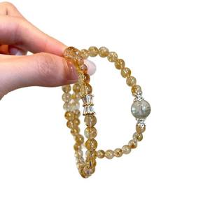 Pulsera de Citrino Natural de Brasil para Mujer, Anillo Doble, Amarillo Súper Brillante, Cuarzo Verde Intenso, Estilo Multi-Wrap - Product Image 5