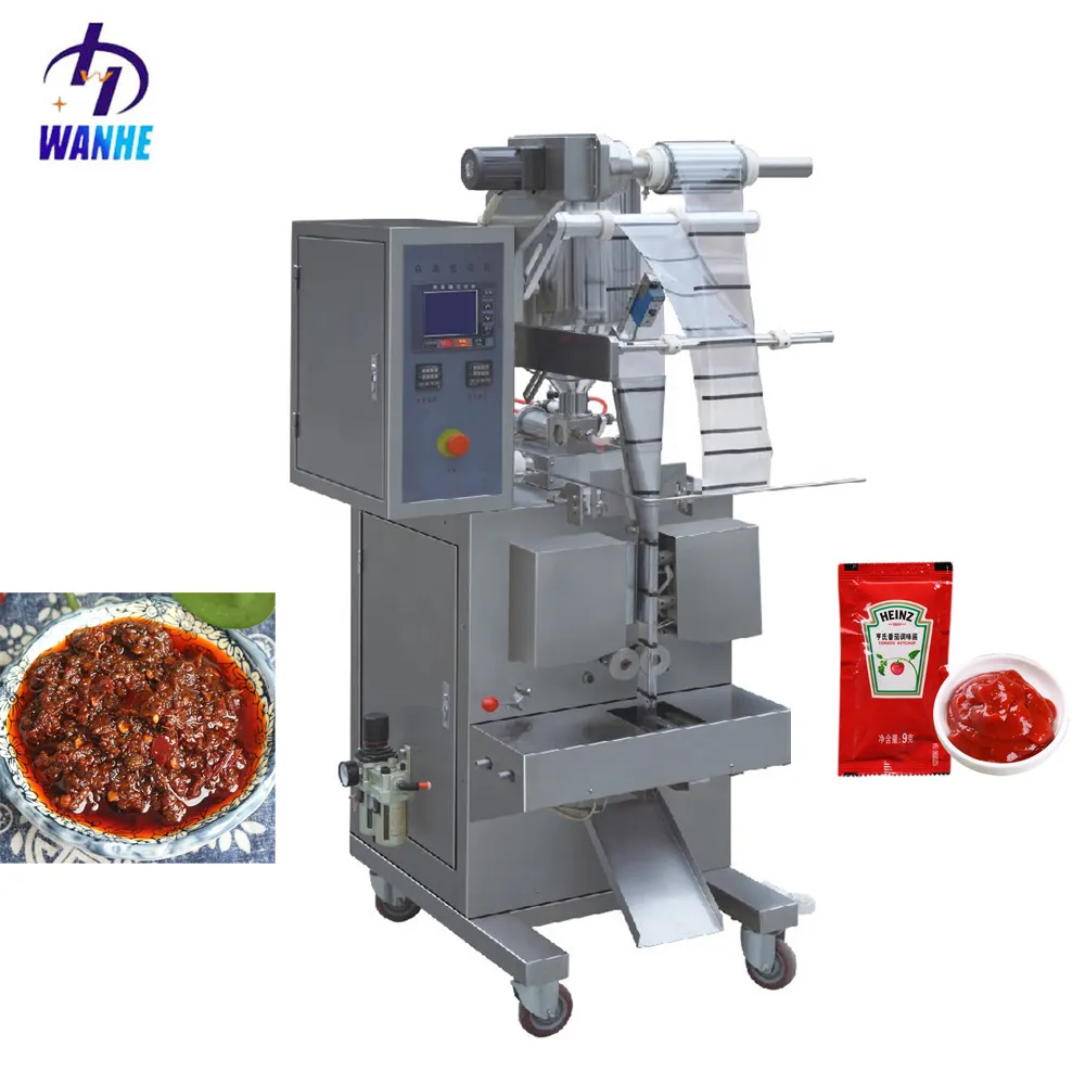 Wanhe máquina de enchimento e selagem de chocolate, máquina automática de enchimento e vedação de molho, saquinho, líquido, gengibre, alho, pasta de pimenta