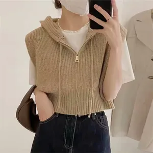 2024 Spring Autumn Women's Casual V-Neck Sweater Vest Solid Color Zipper Hooded <strong>Waistcoat</strong> Knitted Sleeveless Tops Loose Vintage - Product Image 1