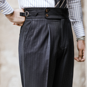Fibbia italiana stile Vintage due <span class=keywords><strong>bottoni</strong></span> <span class=keywords><strong>laterali</strong></span> estendono <span class=keywords><strong>pantaloni</strong></span> alti a vita singola pieghettata <span class=keywords><strong>pantaloni</strong></span> da uomo - Product Image 1