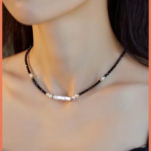 Exquisito Collar de Piedras de Cristal Negras Puntiagudas, Diseño Moderno, Collar de Perlas Naturales de Agua Dulce para Chicas Modernas - Product Image 5