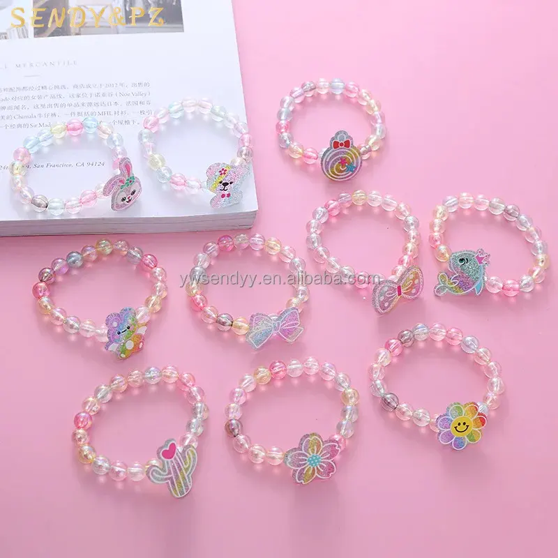 Оптовая продажа, модные детские браслеты, яркие розовые акриловые детские браслеты с мультяшными маленькими животными, браслеты для девочек
