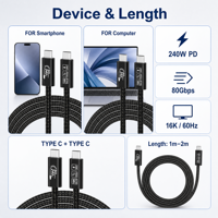 Câble de données USB5 Type-C 240W PD 80 Gbps 16K 60 Hz noir avec gaine en PVC tressé 1 m pour smartphone et ordinateur